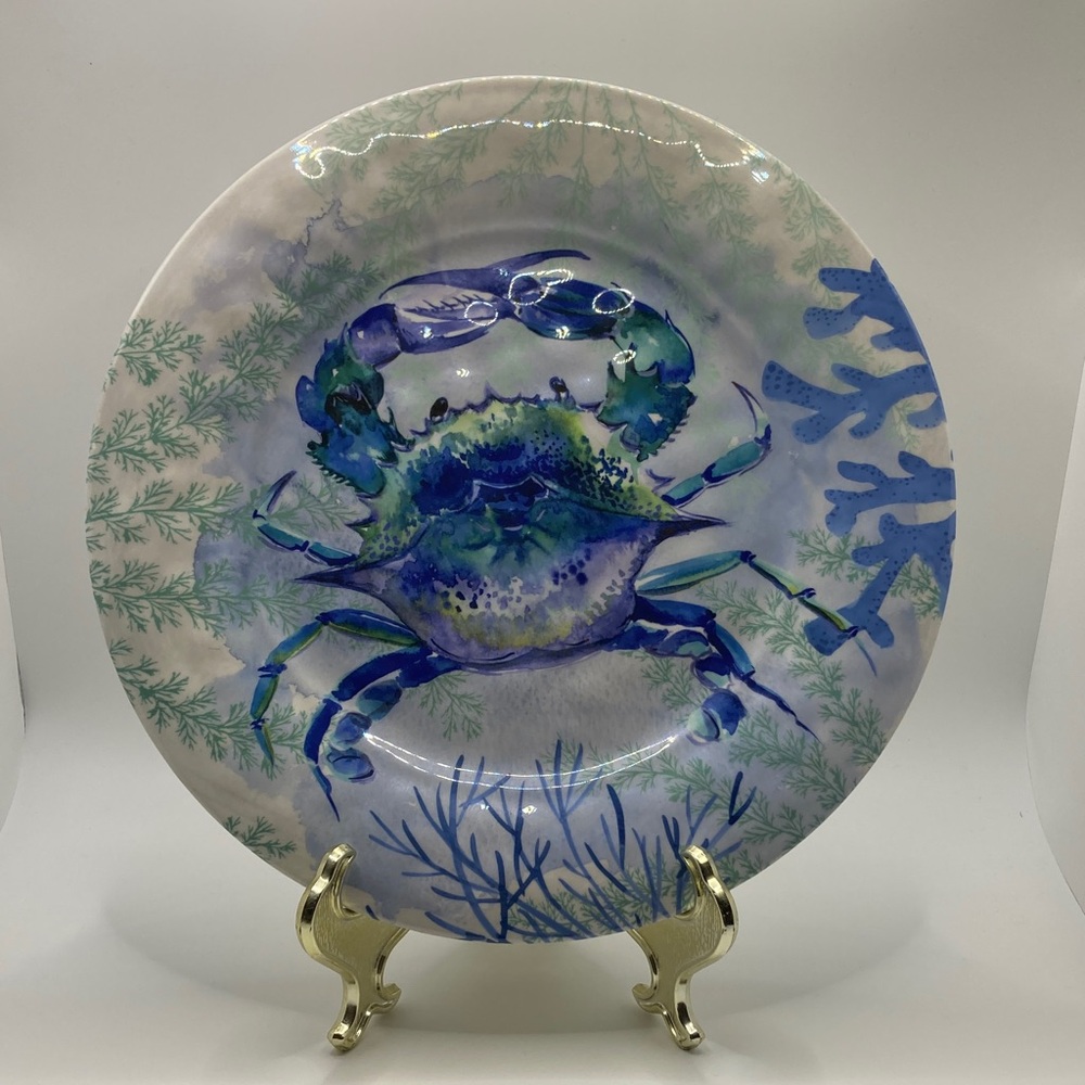 Tommy Bahama Set of 6 Blue Crab Melamine Dinner Plates Nautical Coastal 10.5”